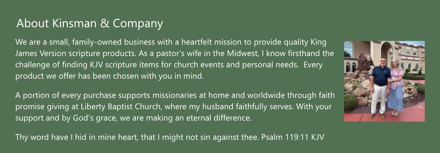 A text-heavy website banner with a dark green background and white text reading 'About Kinsman & Company,' plus a small photo of a man and woman standing outdoors on the right.