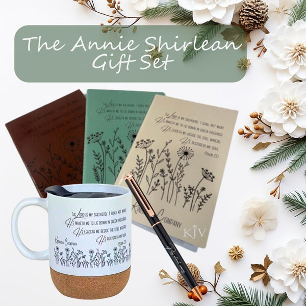 KJV Gift Set~ The Annie Shirlean Wildflower23rd Psalm Cork Bottom Coffee Cup, Wildflower Notebooks & Scripture Pen