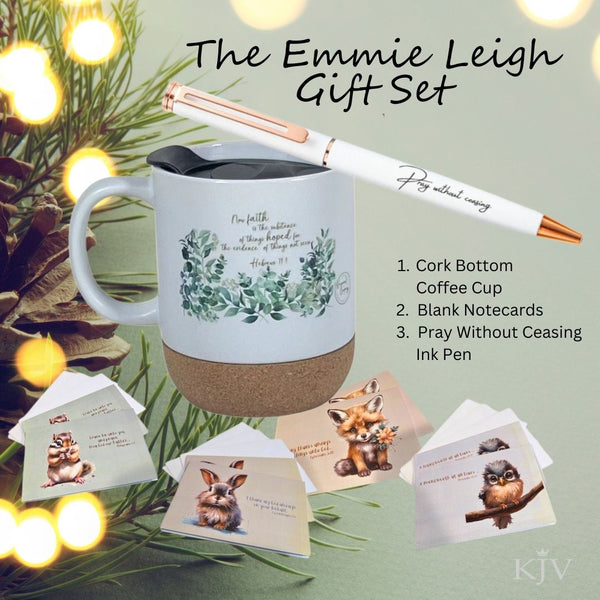 KJV Gift Set~ The Emmie Leigh Green Eucalyptus Cork Bottom Coffee Cup, Wilderness Friends Note Cards & Scripture Pen