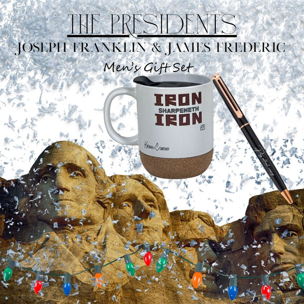 KJV Gift Set for Men~ The Presidents Joseph Franklin & James Frederick Iron Sharpeneth Iron Cork Bottom Coffee Cup & Scripture Pen