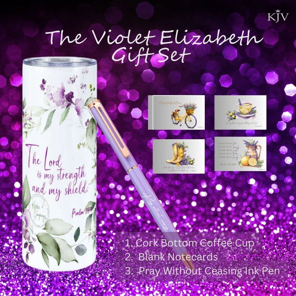 KJV Gift Set~ The Violet Elizabeth 20 Oz Tumbler,  Lemon & Lavender Note Cards & Scripture Pen