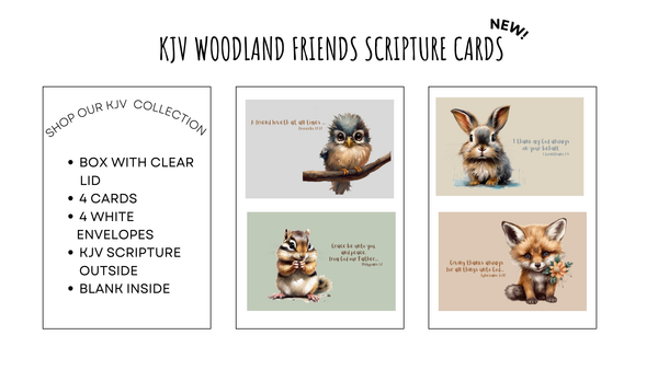 Woodland Friends Collection | Kinsman & Company. Beautifully designed scripture cards, KJV nature's beauty cards, KJV cute animal cards, Nature lover gift cards, Animal lover gifts, Kjv scripture cards, King james bible verse cards, Christian gift cards, Inspirational scripture cards kjv, King james scripture cards, King james scripture cards gift, Faith-based cards kjv, Gifts for nature lovers, Religious inspiration gifts kjv, KJV Uplifting Christian gifts, Perfect Christian gifts. 